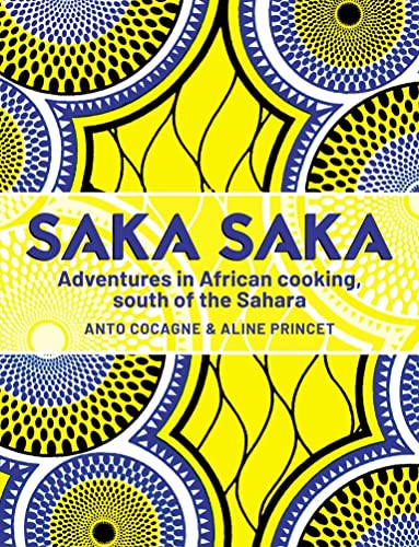 Cookbook cover with bold yellow and blue African-inspired patterned design.