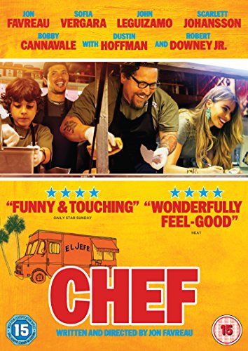 DVD cover for "Chef" featuring Jon Favreau, a food truck, and family.