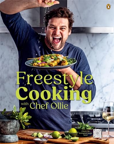 Chef Ollie holds a plate of food, smiling, with book title “Freestyle Cooking”.