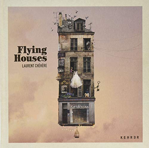 A tall, weathered building floats in the sky with birds and objects.