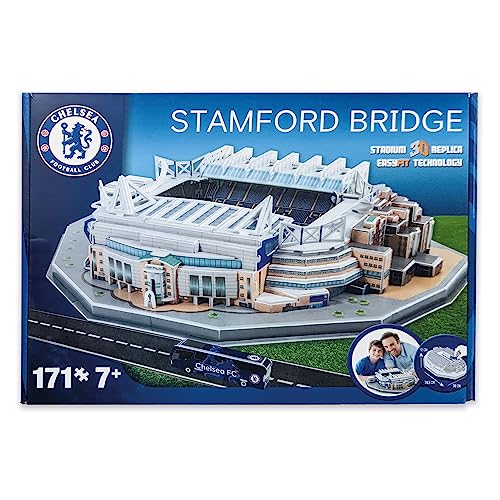 Chelsea Football Club’s Stamford Bridge stadium 3D puzzle in its box.