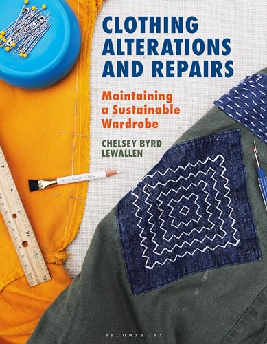 Book cover with sewing tools, patched denim, and title text.