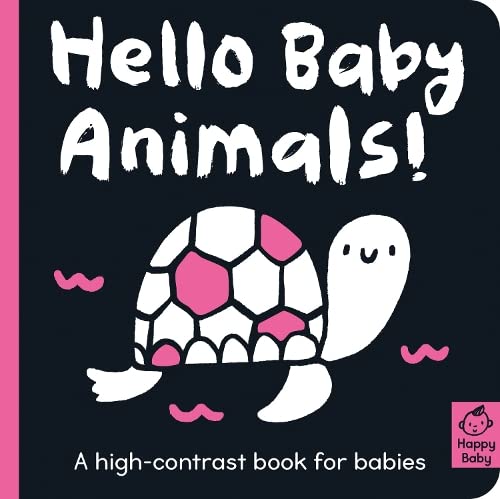 Black and white board book cover featuring a turtle with pink accents.