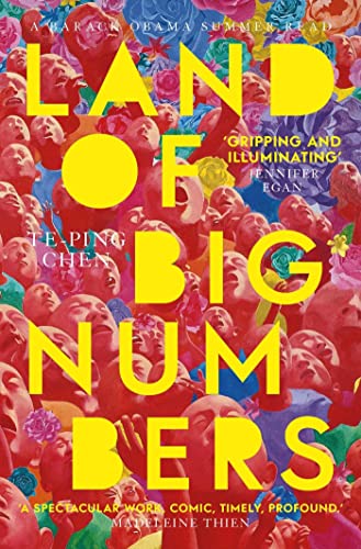 Book cover: "Land of Big Numbers" with repeating face imagery and yellow text.