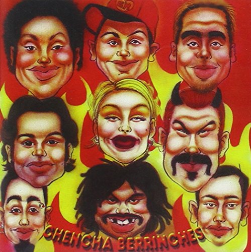 CD cover with cartoonish portraits of diverse people against a fiery background.