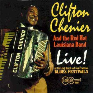 Clifton Chenier playing a silver accordion, album cover for "Live!" CD.