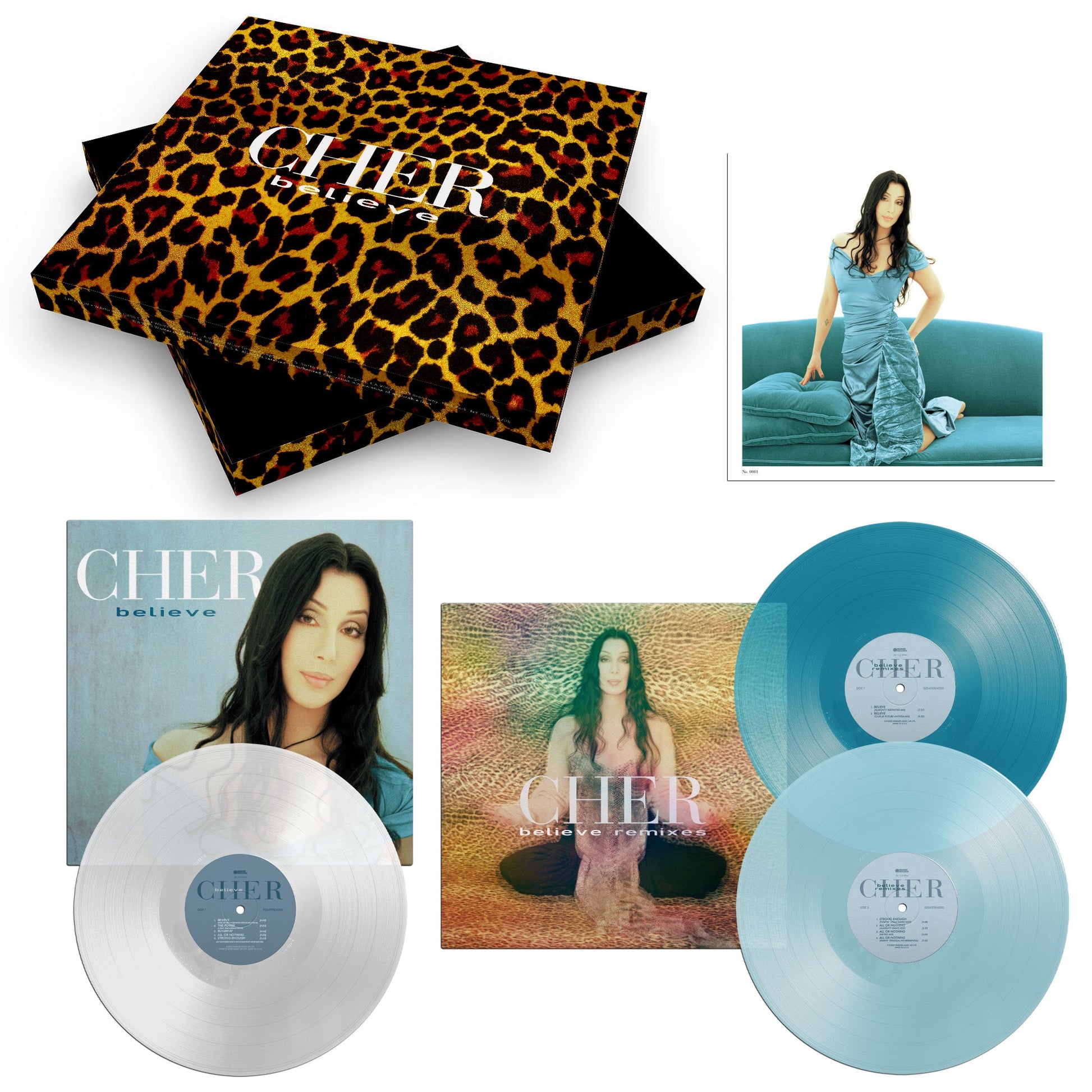 Cher Believe 25th Anniversary 3LP vinyl set including leopard print box, sleeves, and records.
