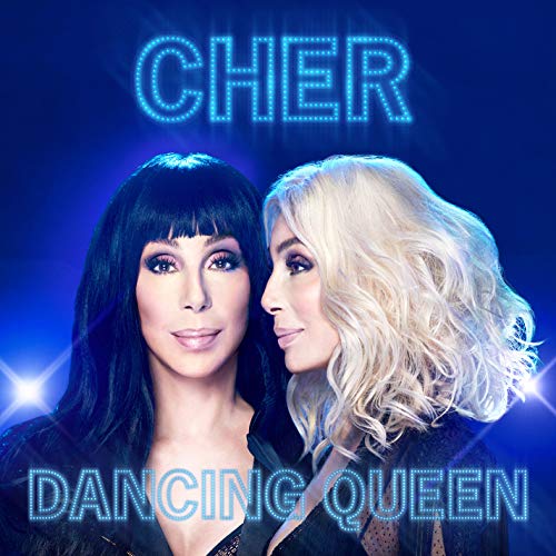 Cher album cover featuring Cher with black hair and blonde hair against blue background.