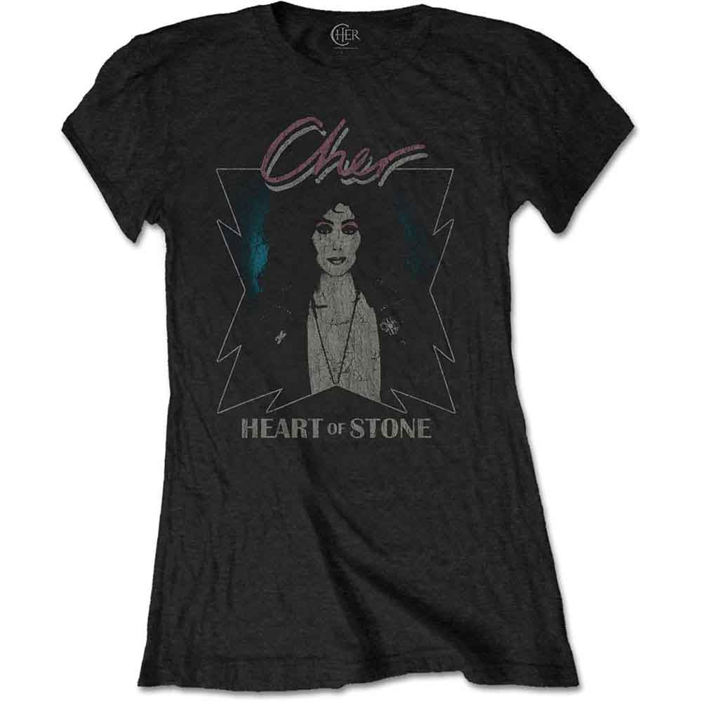 Black women's t-shirt with Cher's portrait and "Heart of Stone" text.