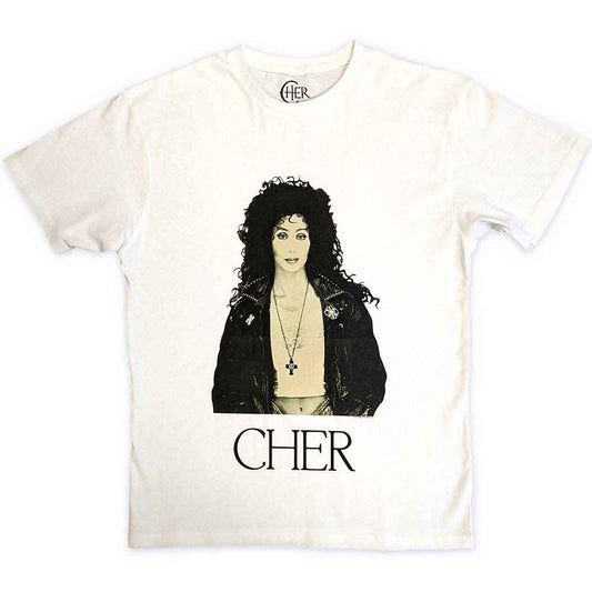 Black t-shirt with a graphic of Cher in a leather jacket, size large.