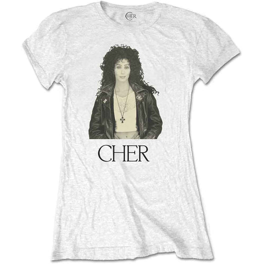 White t-shirt with a portrait of Cher in a leather jacket.