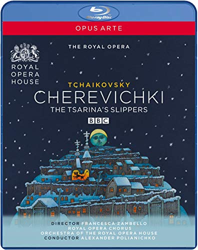 Blu-ray cover for "Cherevichki" ballet, featuring a snowy village illustration.