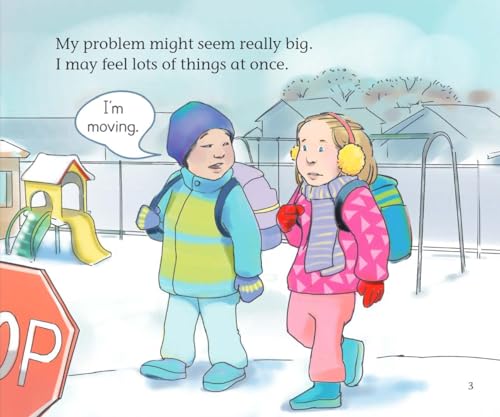 Two children in winter clothes stand near a playground, looking concerned.