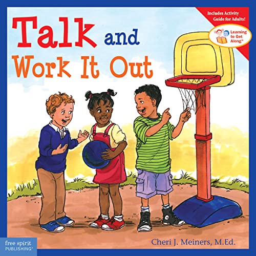 Book cover: three children with a basketball hoop, titled "Talk and Work It Out".