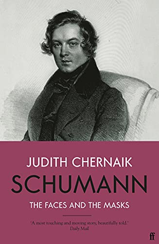 Portrait of Robert Schumann, book cover with red background and white text.