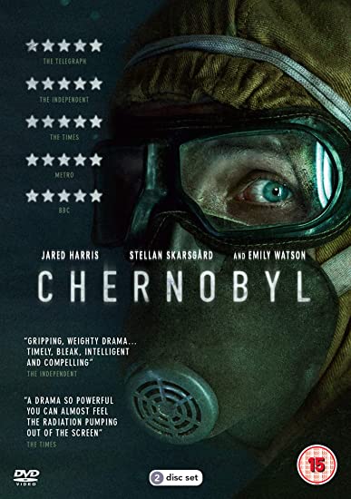 DVD cover for "Chernobyl" showing a person wearing a gas mask and protective hood.