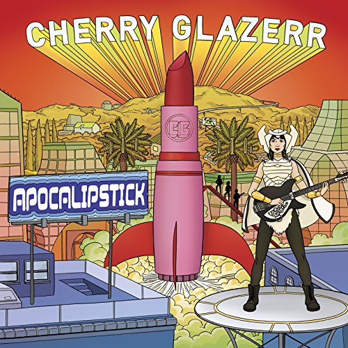 Illustrated album cover featuring a giant lipstick rocket, a guitarist, and a desert city.