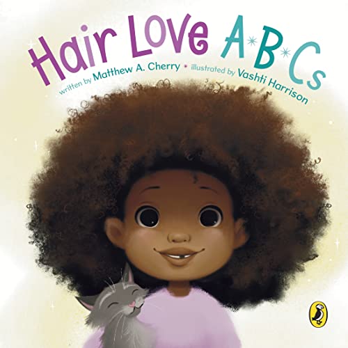 Hair Love ABCs" book cover featuring a Black child with large afro and a cat.