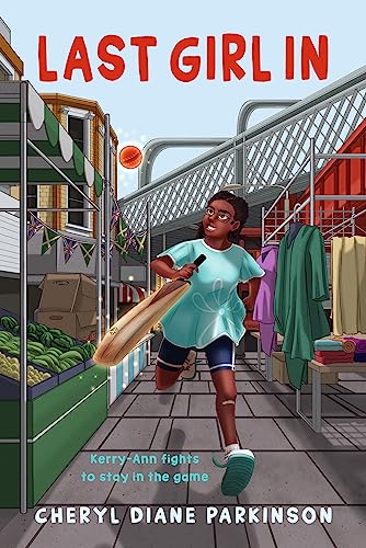 Book cover: girl running with cricket bat in a market scene.