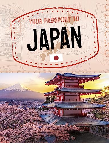Book cover featuring a passport stamp and Japanese temple with Mount Fuji.