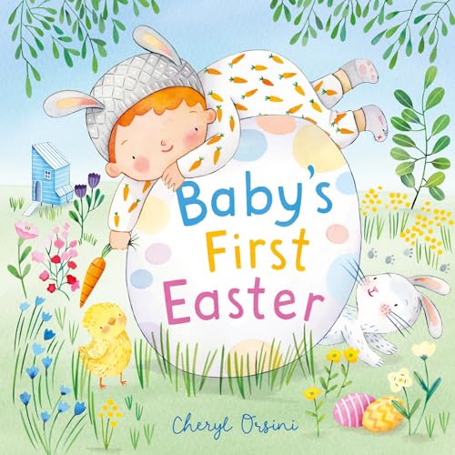 Baby in bunny hat hugs a large, spotted Easter egg with chick and rabbit.