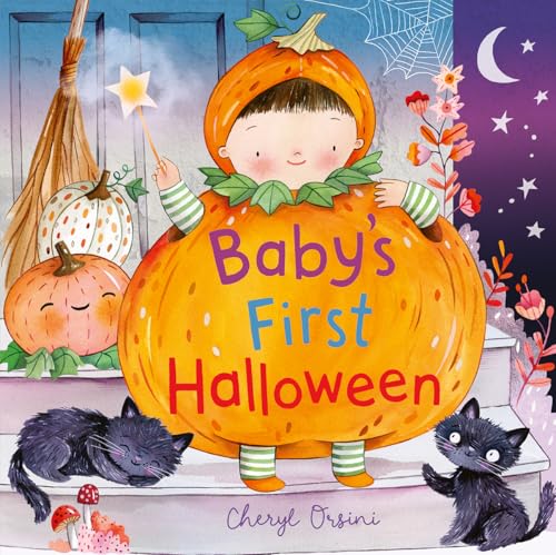 Baby in pumpkin costume with cats, pumpkins, and Halloween decorations.