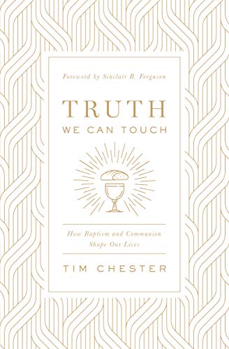 Book cover with gold geometric lines, title text, and a communion bread and cup icon.