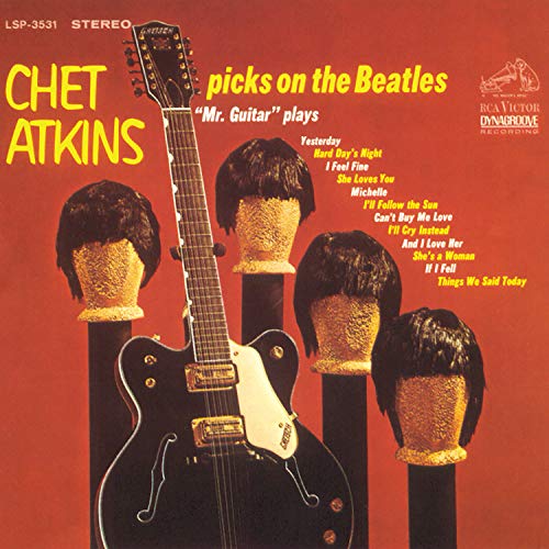 Chet Atkins album cover featuring a guitar among Beatles-style wigs.