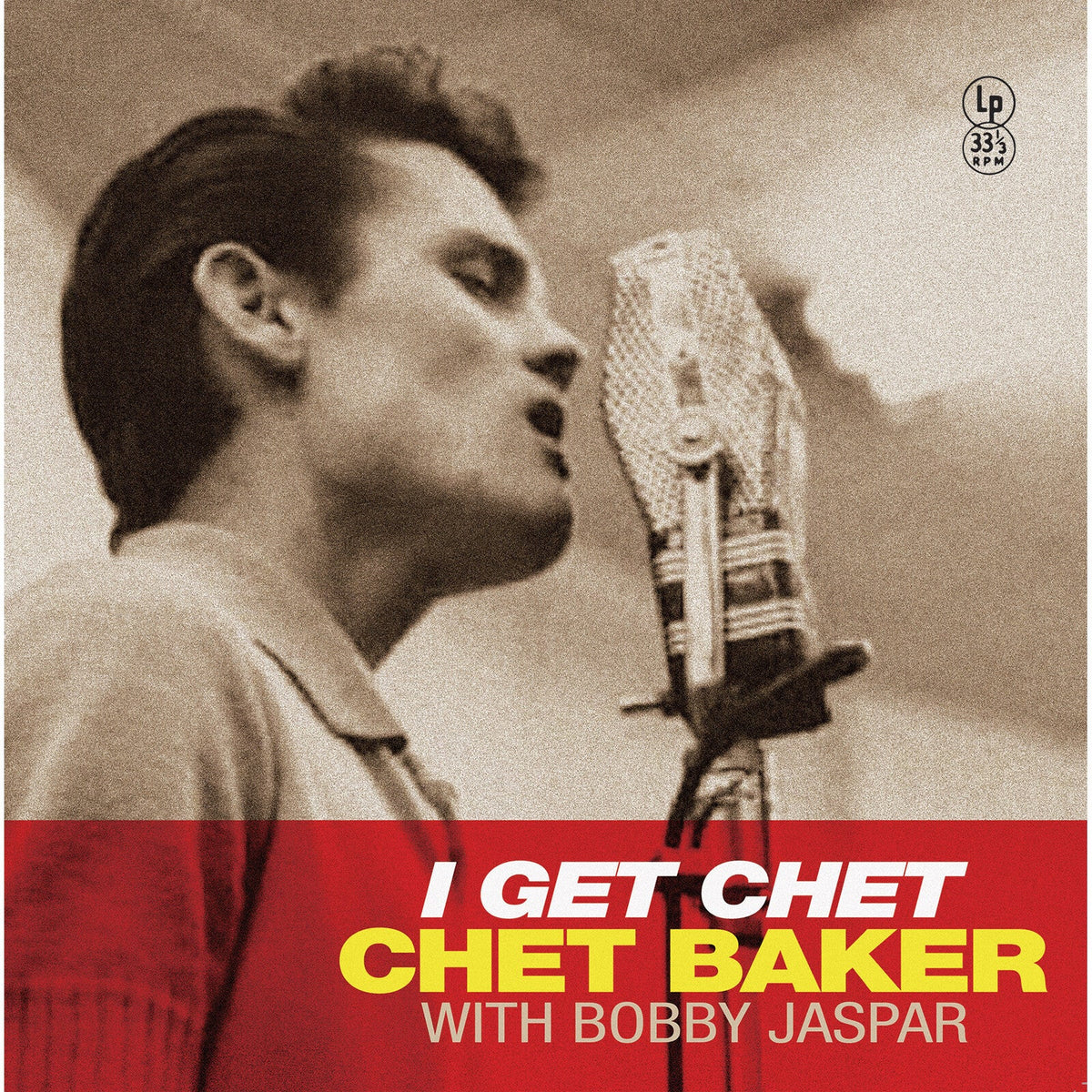 Chet Baker singing into a vintage microphone on album cover.