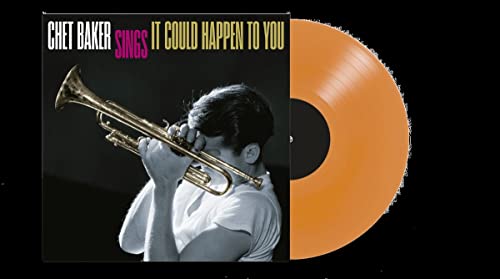 Chet Baker album cover featuring him holding a trumpet next to an orange vinyl.