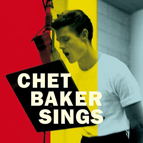 Chet Baker portrait overlaid on red, yellow, and blurred background.