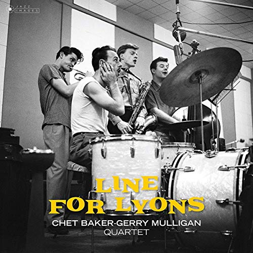 Black and white photo of a jazz quartet with yellow text Line For Lyons.