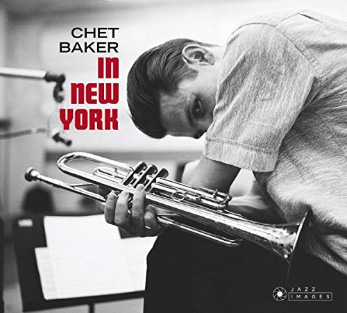 Black and white album cover featuring jazz musician Chet Baker with his trumpet.