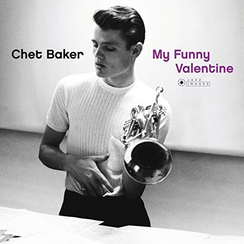 Black and white portrait of Chet Baker holding a trumpet, with album text overlay.