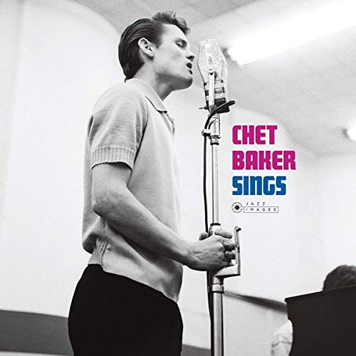 Chet Baker singing into a vintage microphone, album cover art.