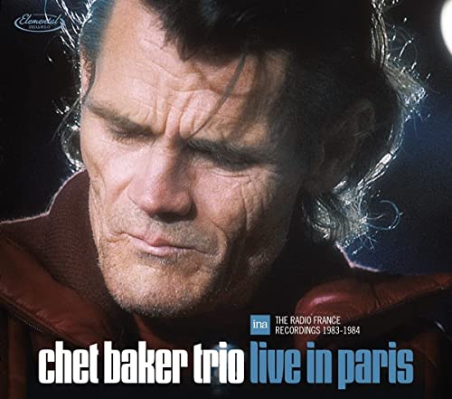 Close-up portrait of Chet Baker on the cover of a Live in Paris CD.