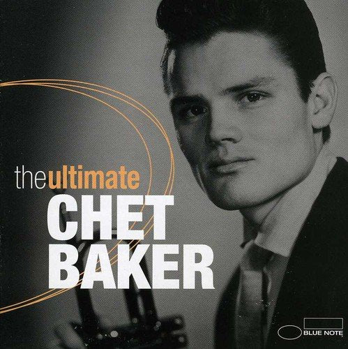 Black and white portrait of Chet Baker with orange and white text.