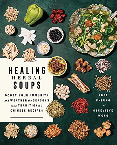Cookbook cover with a bowl of soup surrounded by various dried herbs and ingredients.