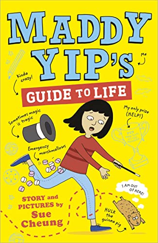 Yellow book cover with cartoon girl running, holding a magic wand.