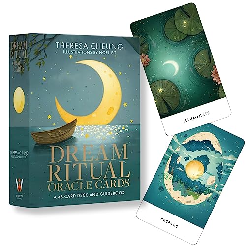 Oracle card deck and guidebook with moon and boat imagery.