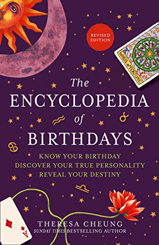 Book cover: "The Encyclopedia of Birthdays" with sun, moon, and tarot imagery.