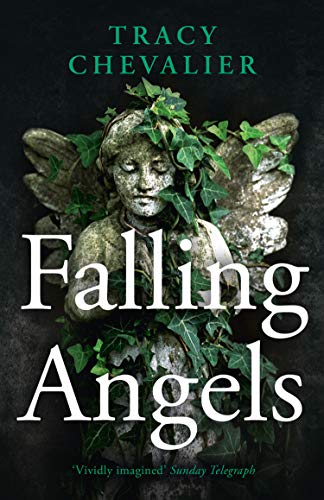 Book cover: "Falling Angels" with an angel statue and ivy leaves.
