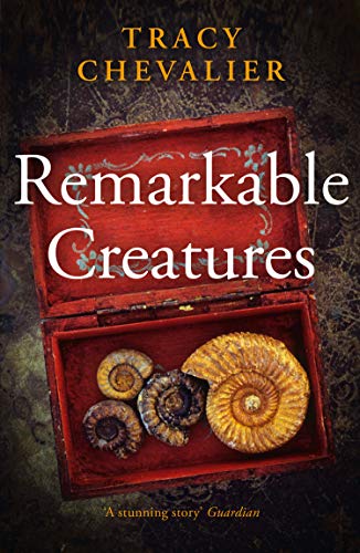 Book cover: "Remarkable Creatures" with fossils in an open red box.