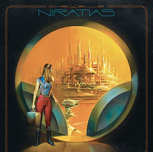 Chevelle’s “NIRATIAS” album cover: woman viewing a futuristic cityscape.