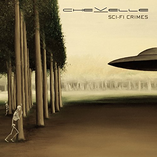 Chevelle’s “Sci-Fi Crimes” CD cover: skeletons, trees, and a flying saucer.