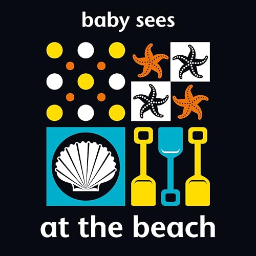 Bright, colorful beach objects—starfish, shells, and sand tools—on a dark background.