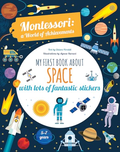 Book cover with planets, rockets, astronauts, and “My First Book About Space” title.