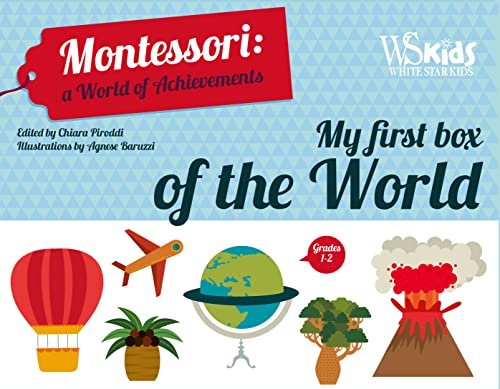 Montessori world exploration box with globe, volcano, and hot air balloon.