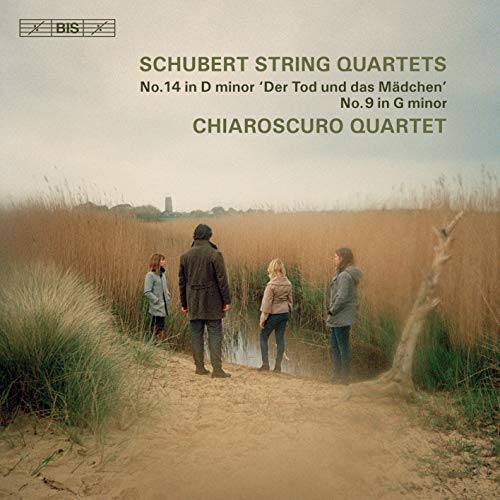 CD cover: four figures in a field, text details Schubert quartets.