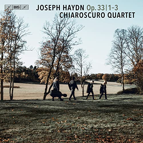 CD cover: string quartet walking in a misty autumn landscape.
